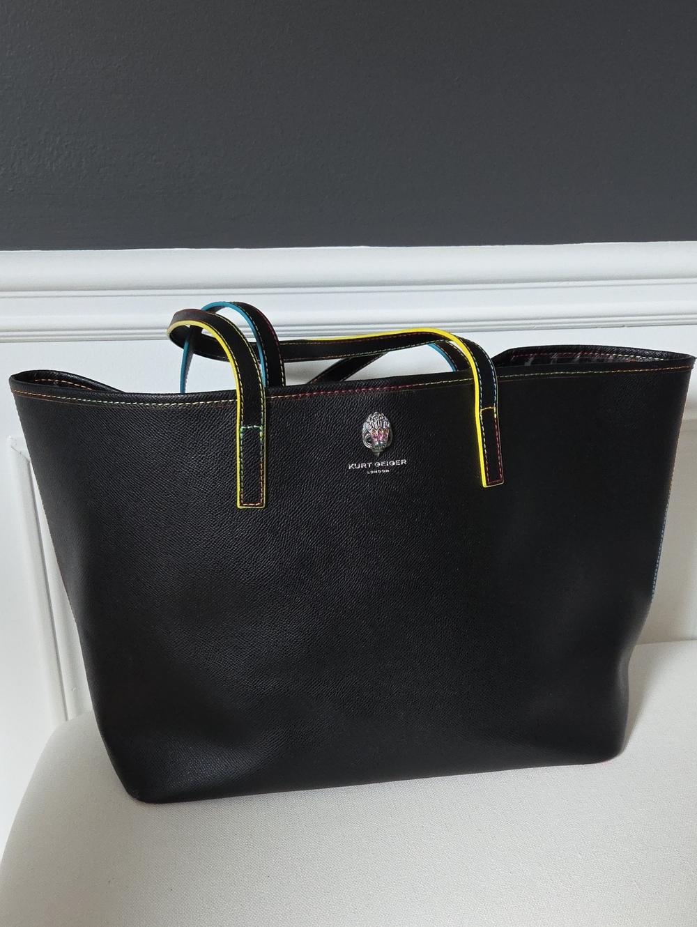Kurt Geiger Black Tote with Yellow and Blue Trim and Red, Yellow, Turq Stitching